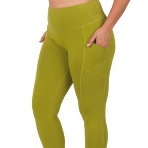 PLUS BETTER COTTON WIDE WAISTBAND POCKET LEGGINGS Olive Mustard